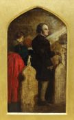 Follower of John Everett Millais (1829-1896) oil on canvas, Figures at church pews, 24 x 14cm,