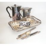 A large quantity of various patterned plated cutlery, a basket and two pots, etc.