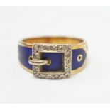 An early 20th century 18ct, diamond chip and blue enamel set buckle ring, size Q, gross weight 8.9