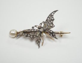 A late Victorian yellow metal baroque pearl drop and rose cut diamond cluster set bug brooch,