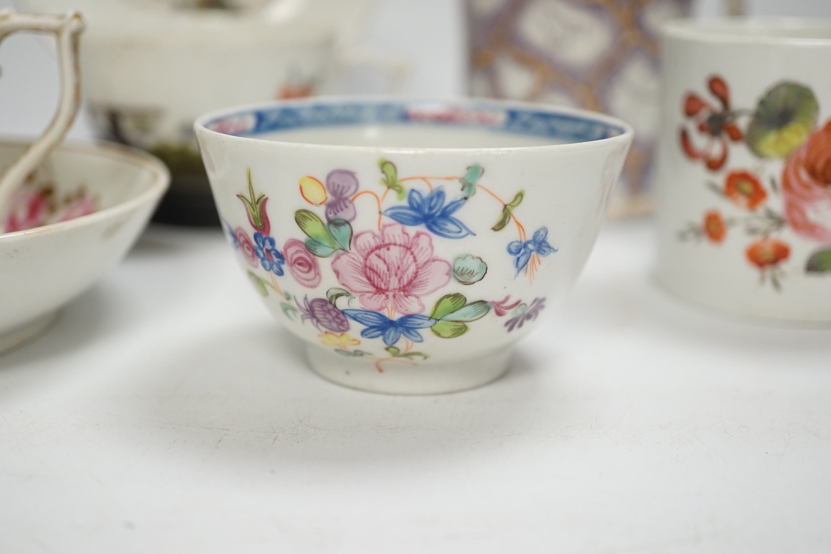 Two Derby porcelain coffee cans and one saucer, a tea bowl, a pearlware mug and a mid 18th century - Image 3 of 9