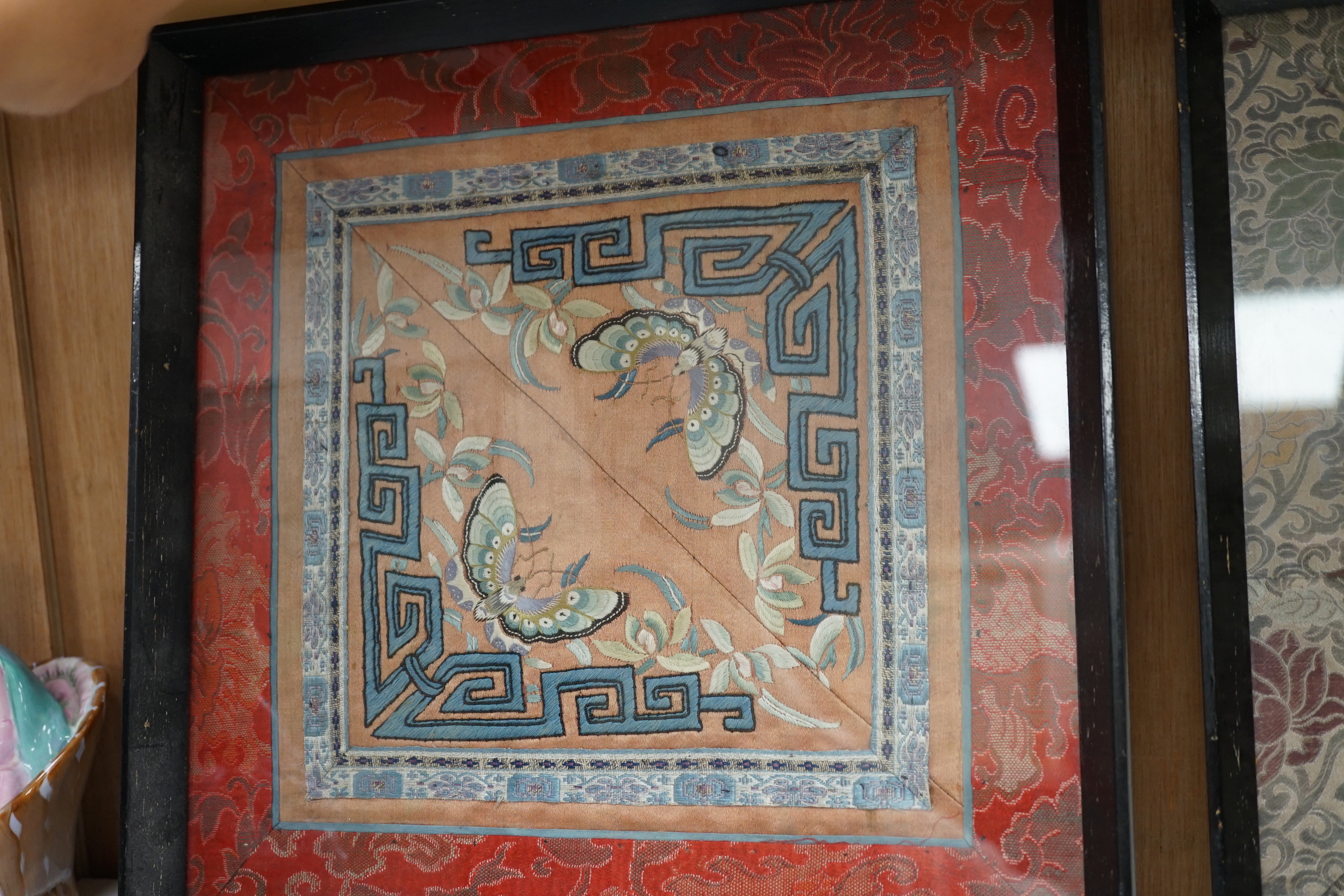 Three framed Chinese silk embroidered panels including a Beijing knot embroidered panel, two with - Image 3 of 6