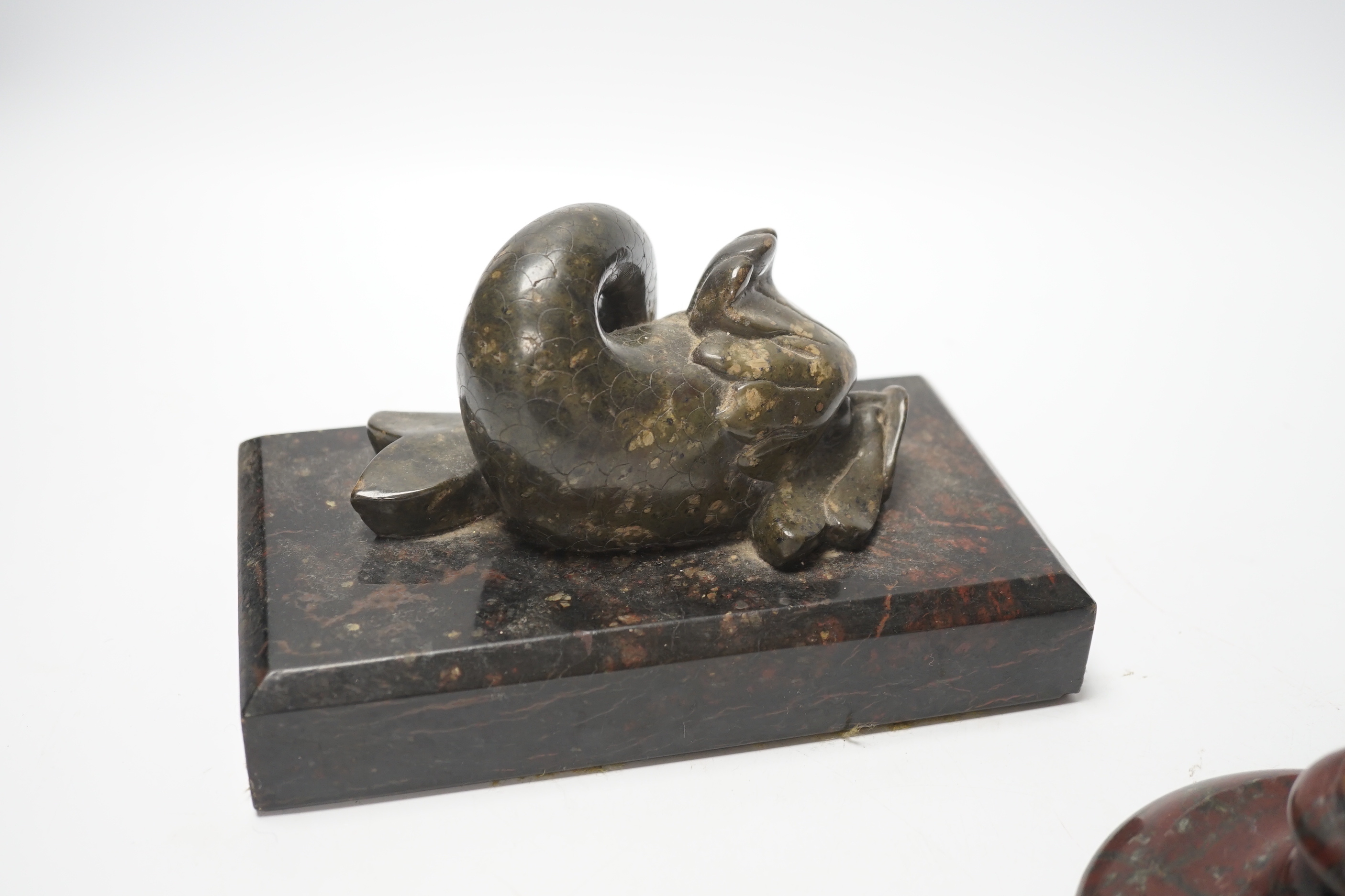 A 19th century serpentine candlestick and a carved dolphin paperweight, tallest 20cm high - Image 4 of 4