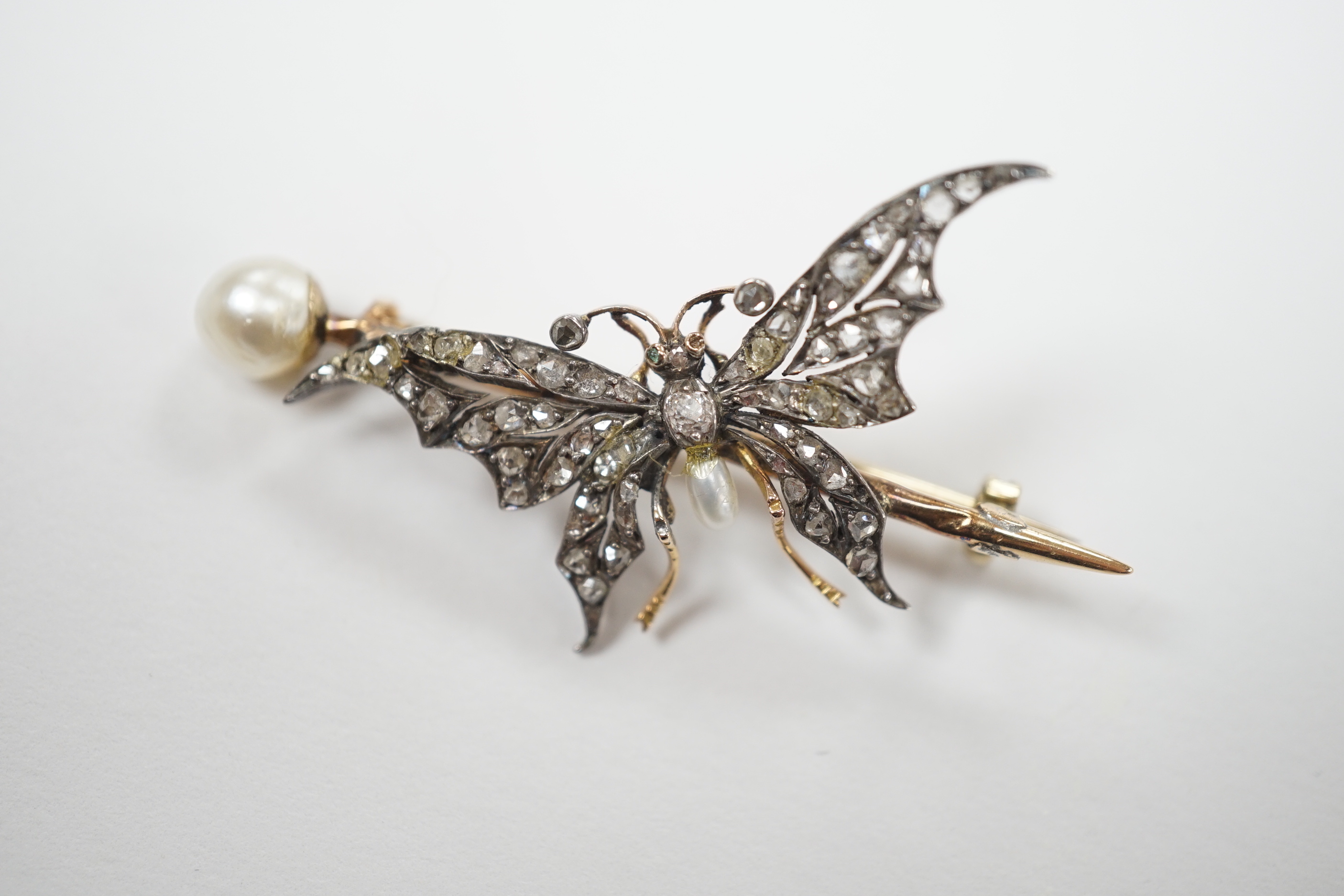 A late Victorian yellow metal baroque pearl drop and rose cut diamond cluster set bug brooch, - Image 2 of 7