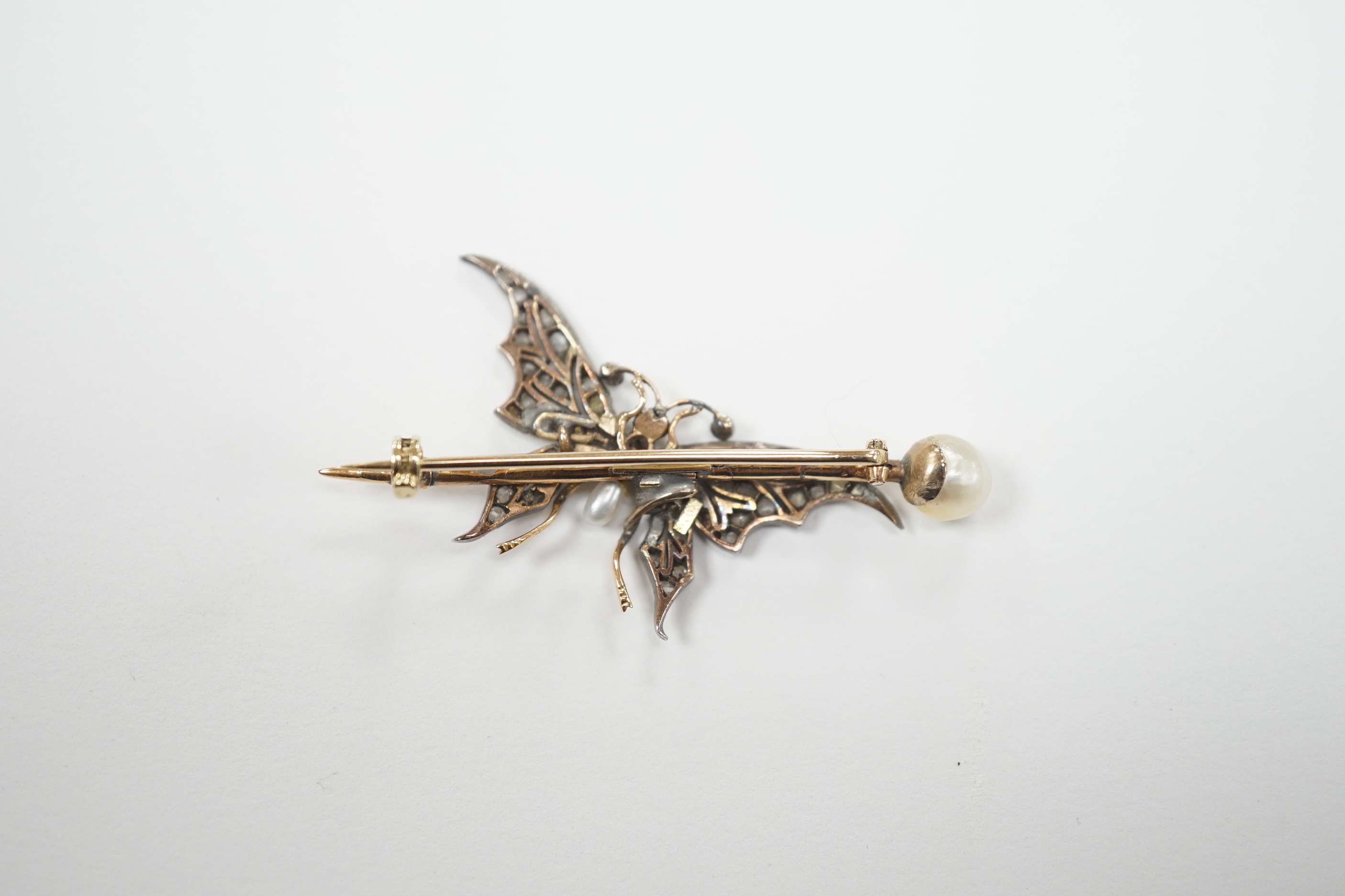 A late Victorian yellow metal baroque pearl drop and rose cut diamond cluster set bug brooch, - Image 7 of 7