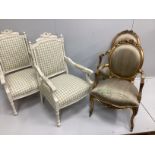 Two pairs of Louis XVI style painted and giltwood fauteuils, larger width 59cm, depth 52cm, height