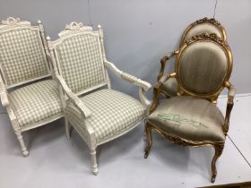 Two pairs of Louis XVI style painted and giltwood fauteuils, larger width 59cm, depth 52cm, height