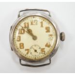 A WWI Rolex silver manual wind wristwatch, case hallmarked for 1916, case diameter 34mm, no strap.