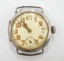 A WWI Rolex silver manual wind wristwatch, case hallmarked for 1916, case diameter 34mm, no strap.