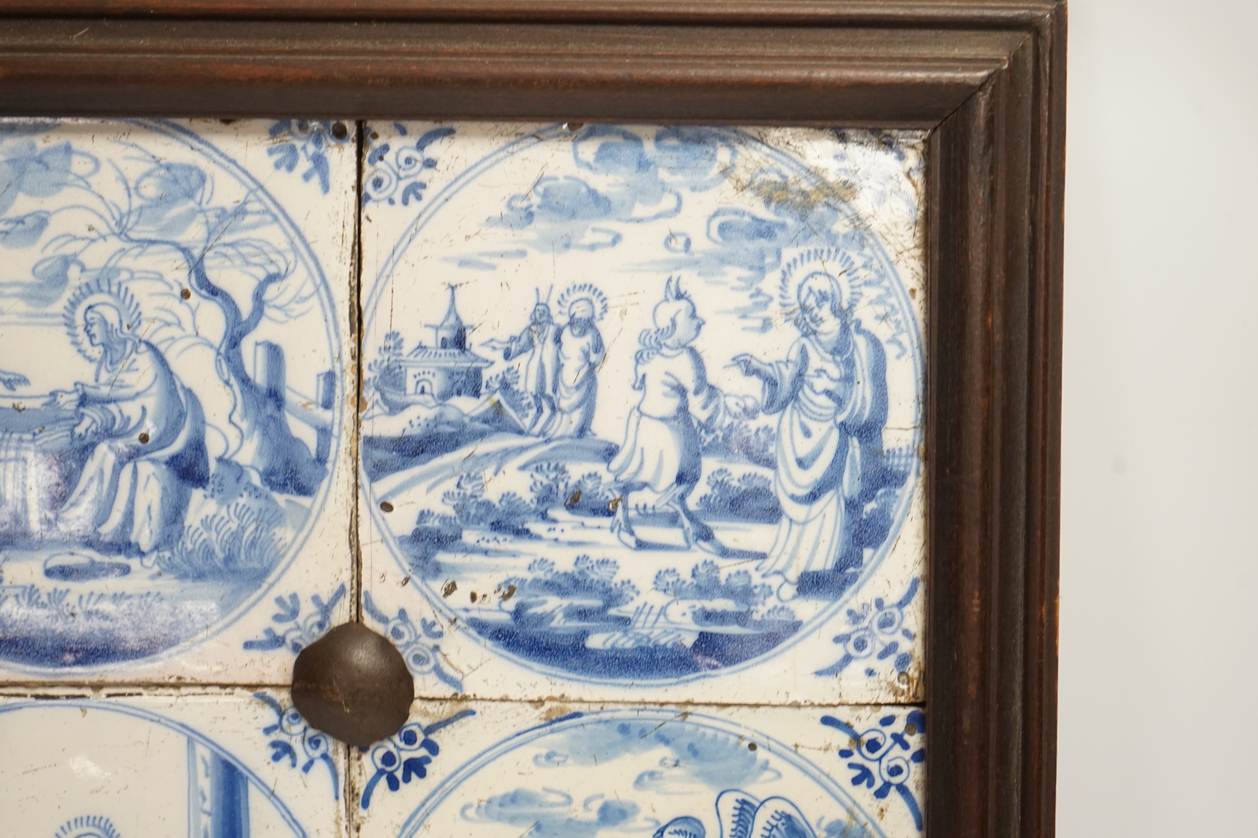 Four framed 19th century Delft ‘bible story’ tiles, 31cm x 31cm - Image 3 of 5