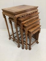 A quartetto of Chinese rectangular padouk tea tables, width 49cm, depth 35cm, height 64cm