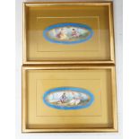 A pair of framed Sevres style porcelain oval plaques and a papier mache panel, inscribed verso and