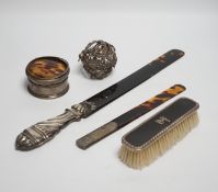 A late Victorian silver handled tortoiseshell page turner, a small page turner, a silver and