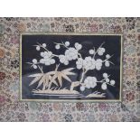 Three framed Chinese silk embroidered panels including a Beijing knot embroidered panel, two with