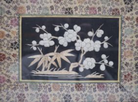 Three framed Chinese silk embroidered panels including a Beijing knot embroidered panel, two with