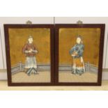 A pair of Chinese mandarin portraits on board, 38cm wide x 53cm high