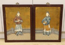 A pair of Chinese mandarin portraits on board, 38cm wide x 53cm high