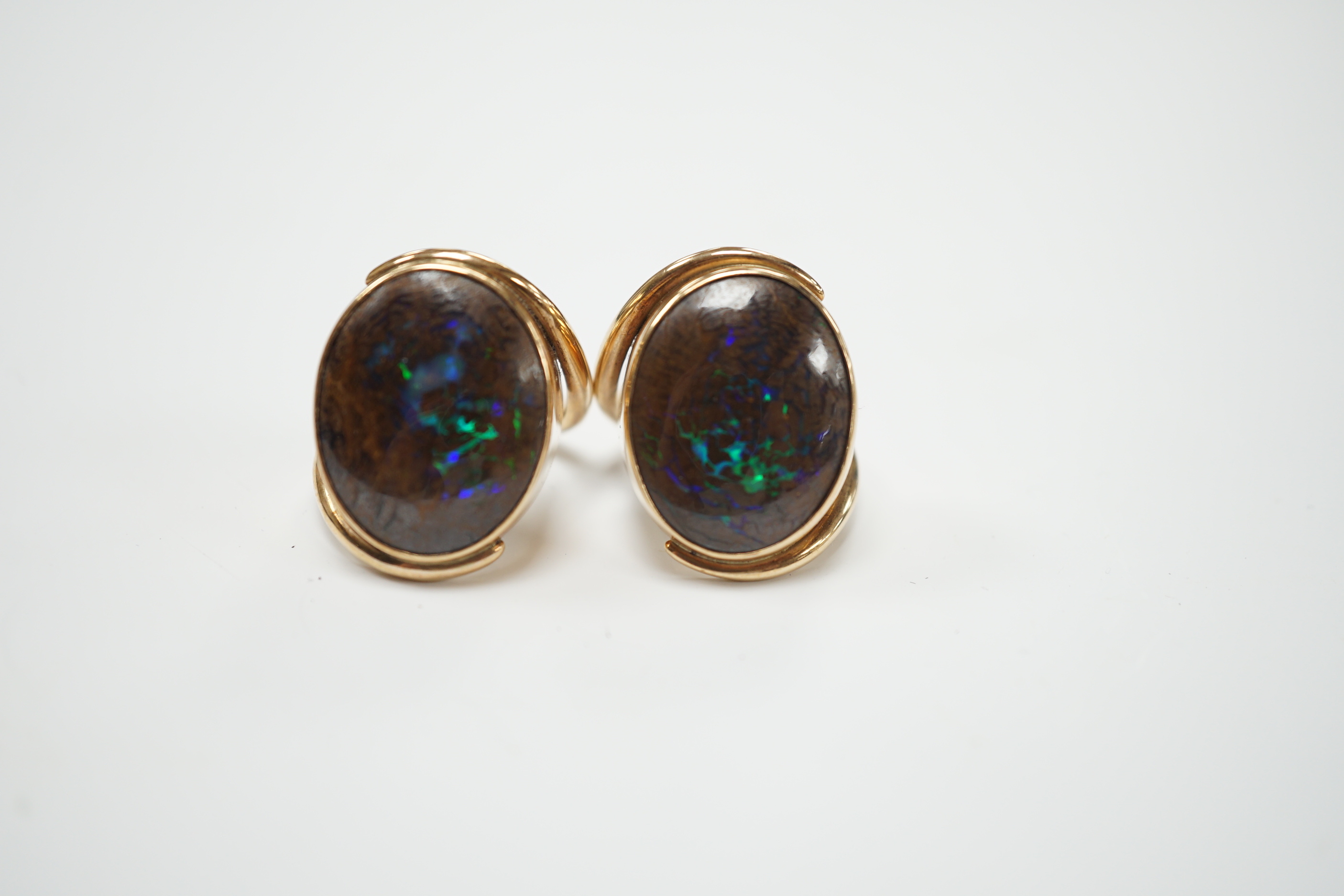 A pair of yellow metal and oval boulder opal set dress rings, both size M, gross weight 20 grams. - Image 3 of 8