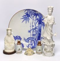 Japanese and Chinese ceramics including blue and white bamboo plate, blanc de chine figures, and