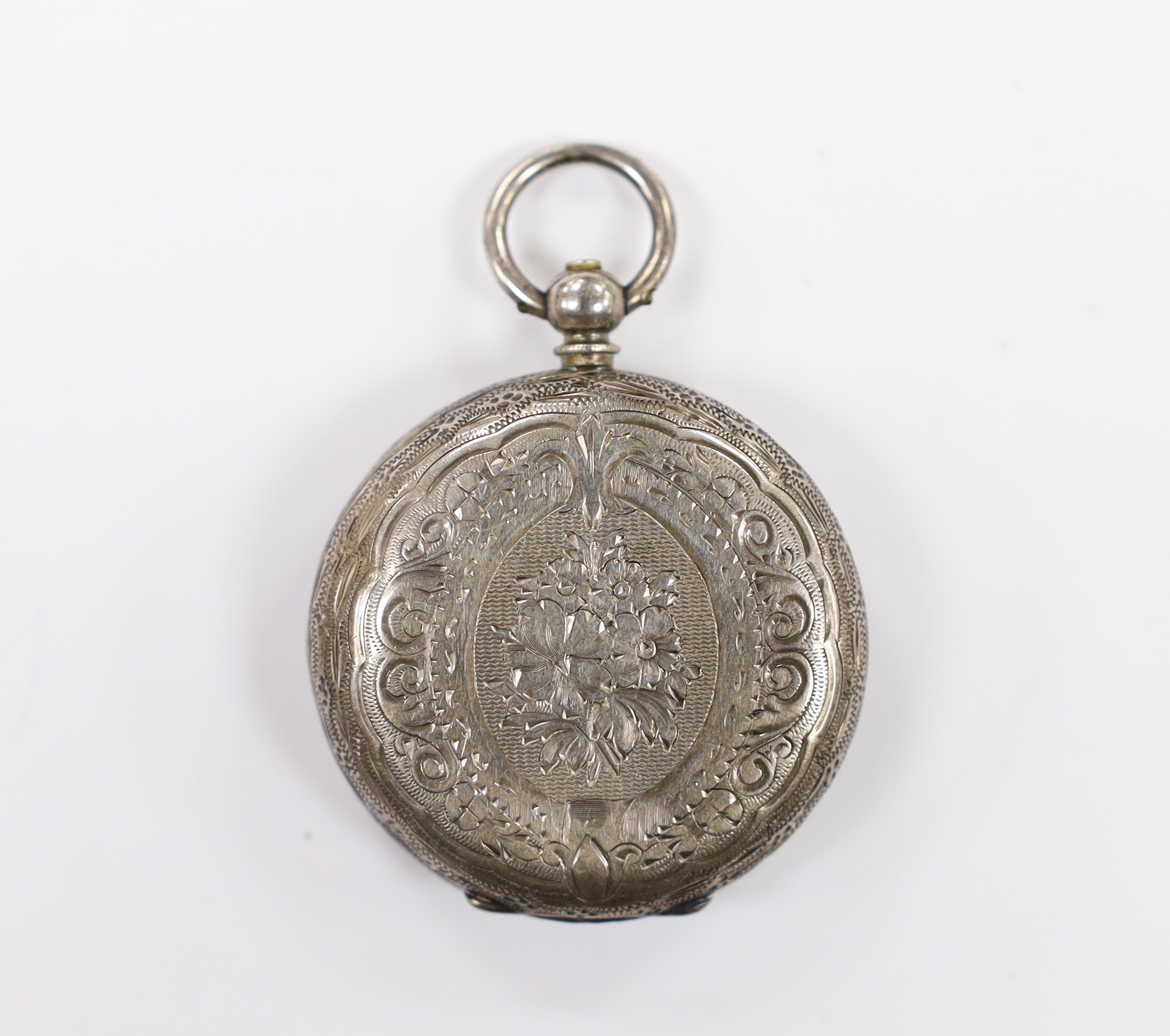 A lady's late Victorian silver open face key wind fob watch, with Roman dial. - Image 3 of 4