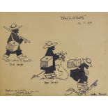 E. Whitty, humorous fishing interest ink cartoon with scripted border, ‘First Angle’, signed and