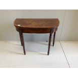 A George III crossbanded mahogany D shaped folding card table, width 91cm, depth 45cm, height 73cm