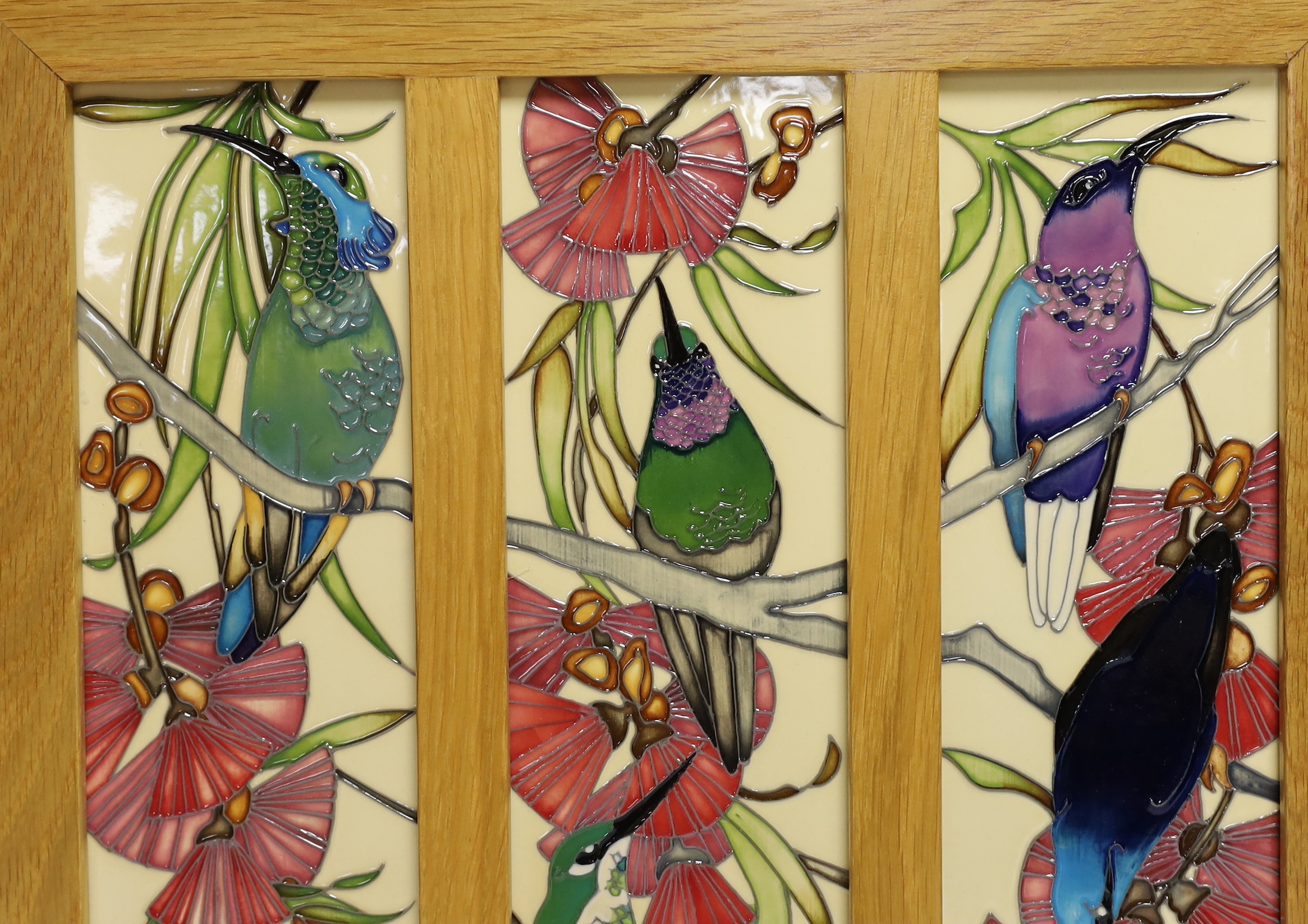 A framed Moorcroft Rachel Bishop triple wall plaque of humming birds, 36 x 38cm total - Image 2 of 5