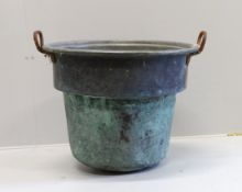 A Victorian copper wrought iron handled circular container, diameter 58cm, height 47cm