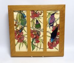 A framed Moorcroft Rachel Bishop triple wall plaque of humming birds, 36 x 38cm total