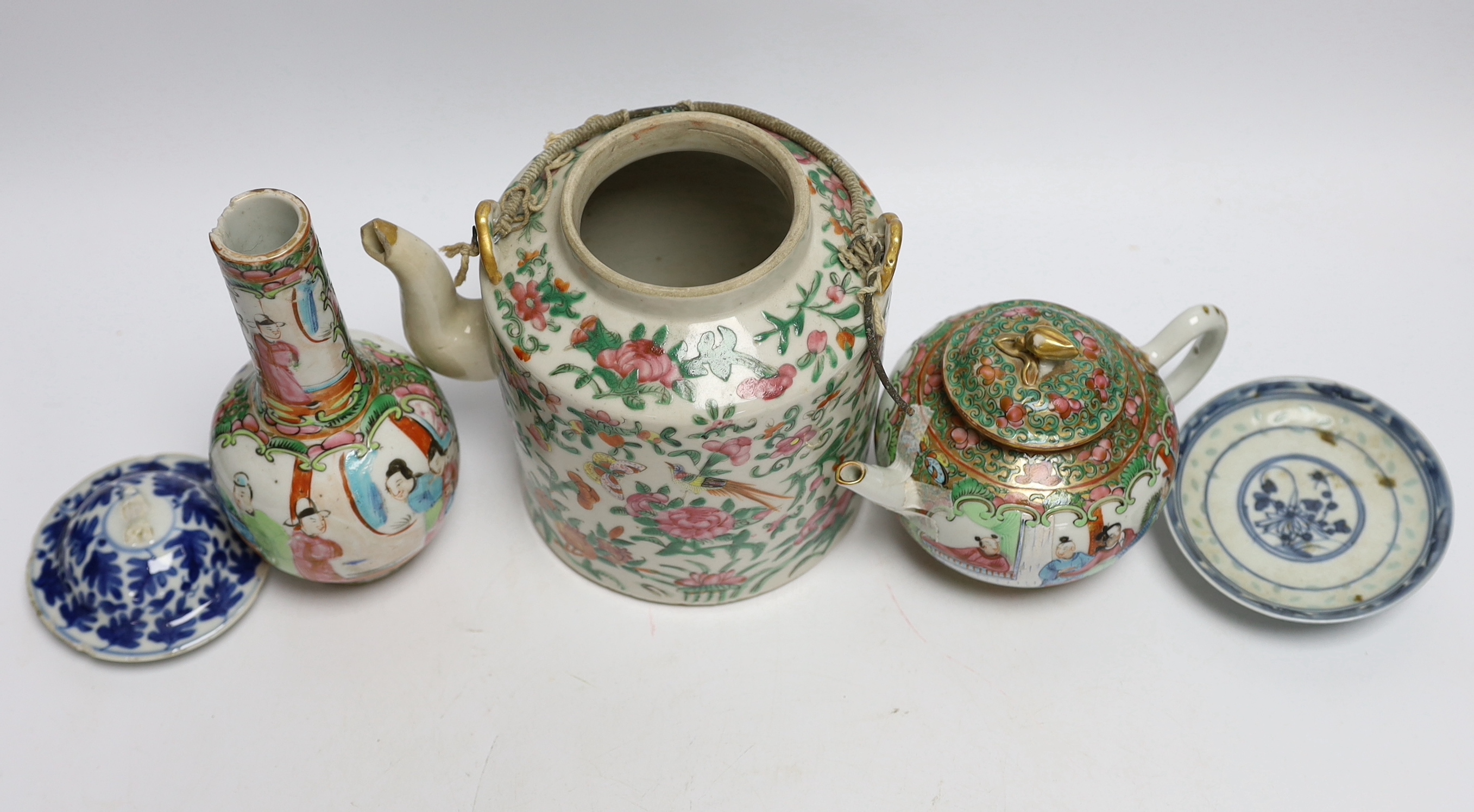 A collection of Chinese and Japanese ceramics including two famille rose teapots, a vase, four - Image 6 of 8