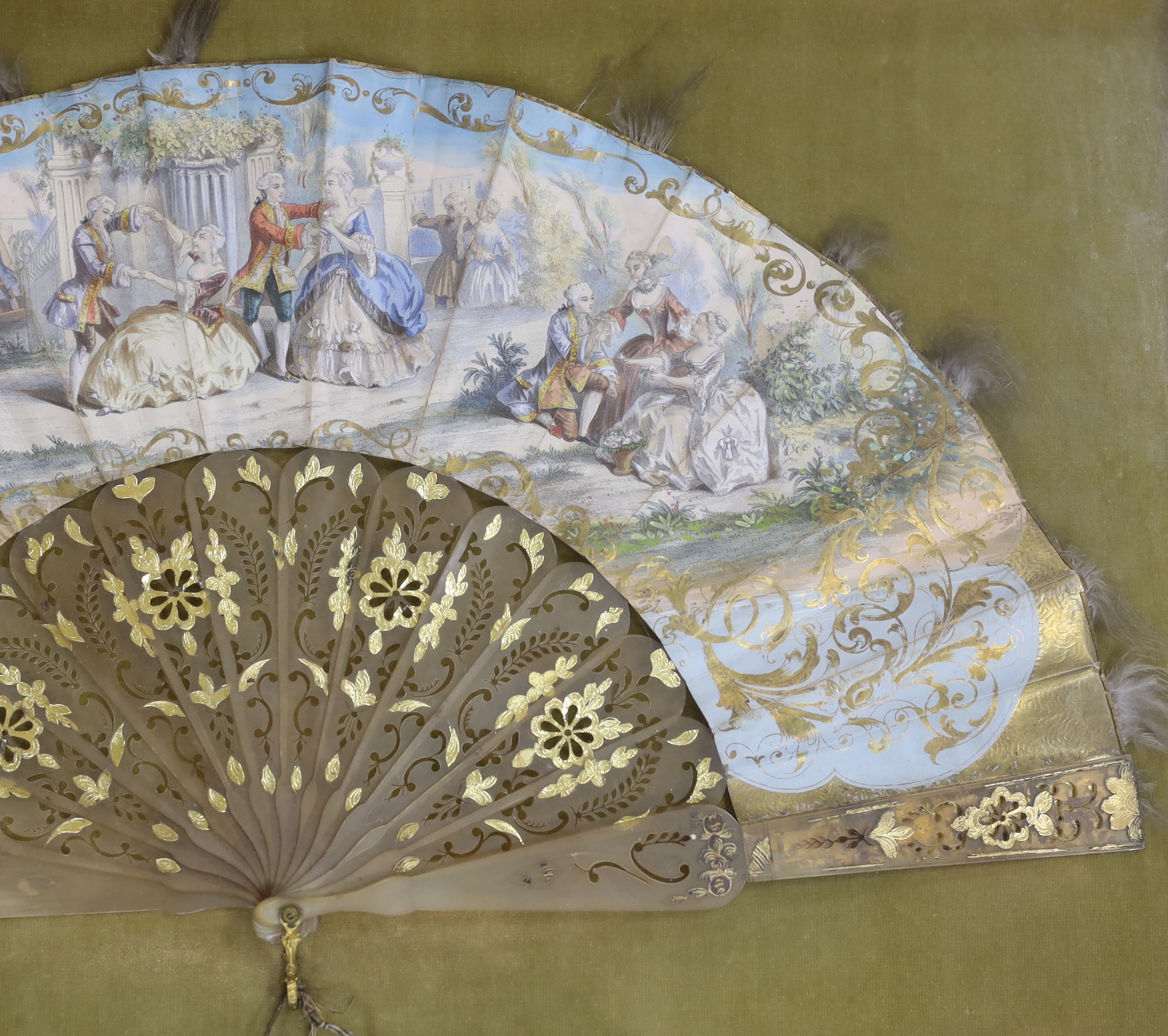 A 19th century fan, hand painted with figures wearing 18th century dress, framed, 57 x 37cm - Image 3 of 3