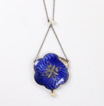 An Edwardian white metal, enamel, seed pearl and rose cut diamond chip set drop pendant necklace,