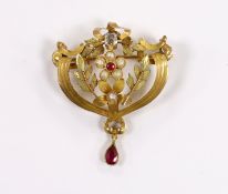 An early 20th century French two colour yellow metal (18ct poincon mark), rose cut diamond, ruby and