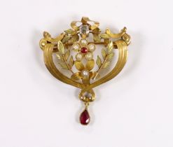 An early 20th century French two colour yellow metal (18ct poincon mark), rose cut diamond, ruby and