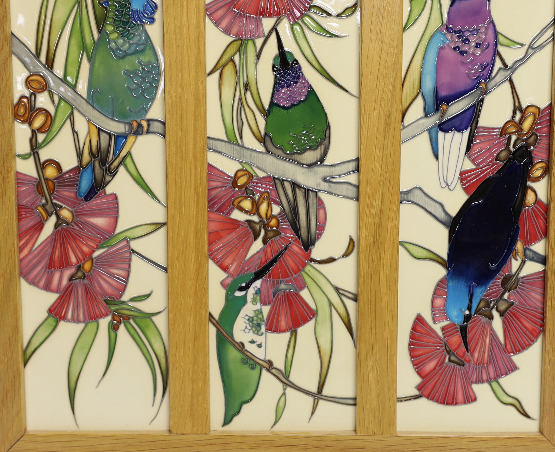 A framed Moorcroft Rachel Bishop triple wall plaque of humming birds, 36 x 38cm total - Image 3 of 5