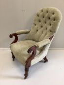 A William IV upholstered mahogany open armchair, width 63cm, depth 70cm, height 95cm