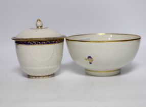 A crown Derby bowl and another with cover, both with puce marks, 6.5cm
