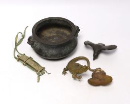 Chinese bronze censer, a Tibetan metal case, Japanese bronze lizard dish and a figure of a bird,