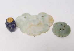 Two Chinese jade carvings and a lapis lazuli snuff bottle, largest 12cm wide