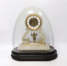 A late 19th century French alabaster and gilt metal mantel clock, with ebonised stand and glass
