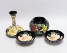 Two modern Moorcroft vases and two small bowls, tallest 16cm