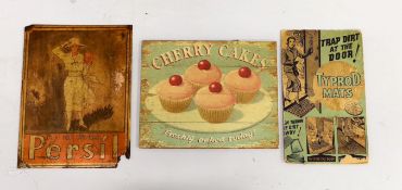 A vintage style 'Cherry Cakes' advertising sign, width 38cm, height 30cm, Typrod Mats car sign and