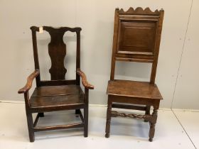An early 18th century Provincial oak elbow chair, width 61cm, depth 50cm, height 100cm, together