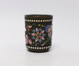 A late 19th/early 20th century Russian 84 zolotnik and polychrome cloisonné enamel tot, 46mm.