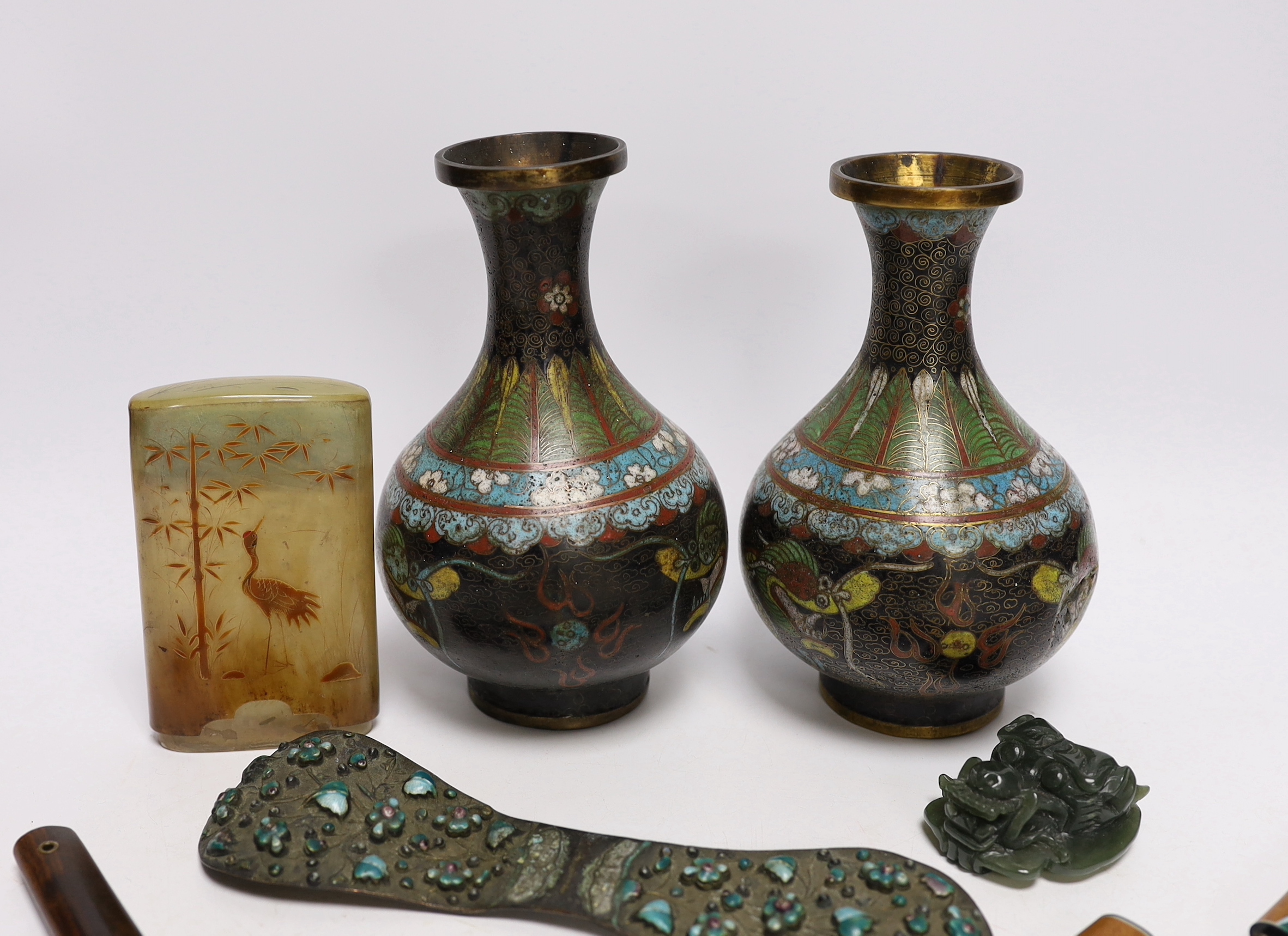 A collection of Chinese and other Oriental items, including a pair of Chinese cloisonné enamel - Image 4 of 5