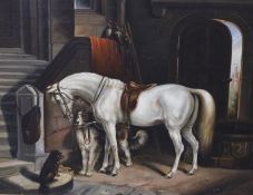 After John Frederick Herring (1795-1865) oil on canvas, mare and hounds in stable interior, 42cm x