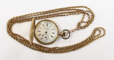An American Waltham engraved gold plated hunter pocket watch, case diameter 42mm, together with a