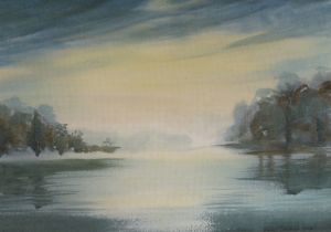 Jane Stevens (20th. C) watercolour, 'Misty morning, from a memory of a Shropshire Mere', signed