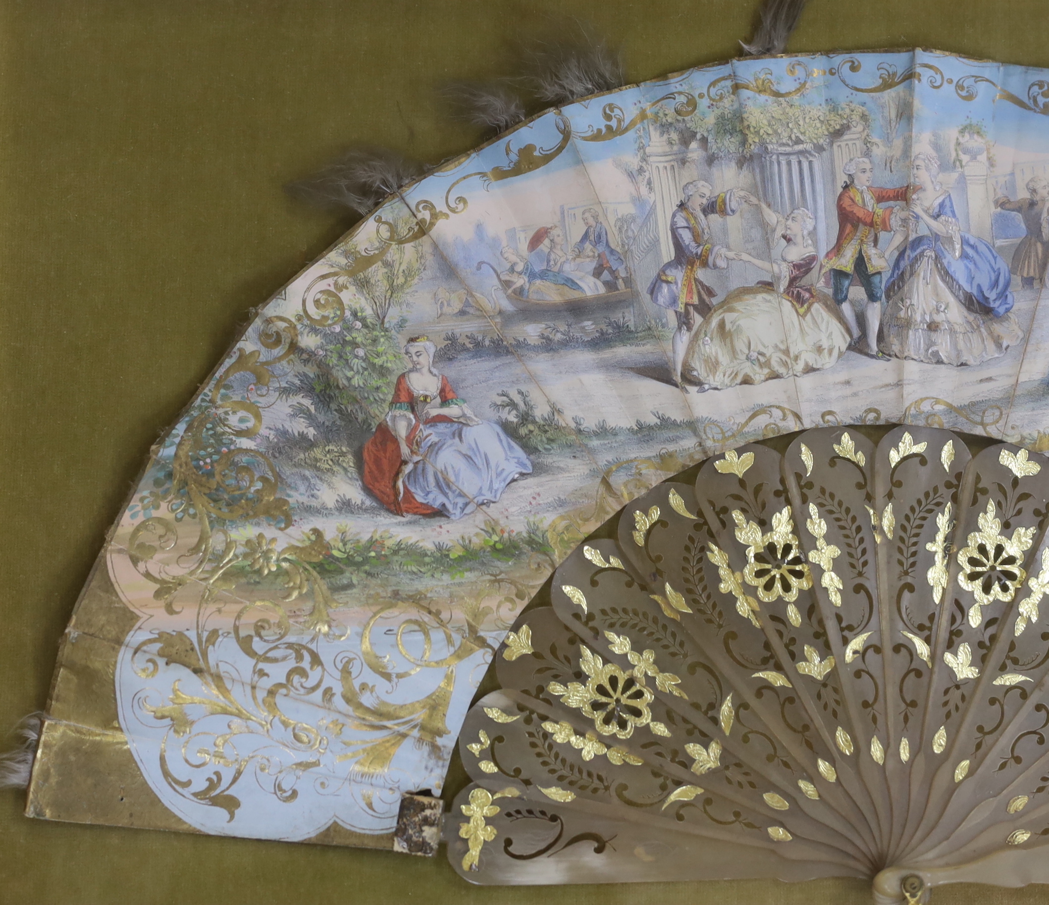 A 19th century fan, hand painted with figures wearing 18th century dress, framed, 57 x 37cm - Image 2 of 3