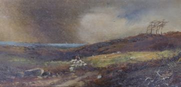 19th century school, oil on canvas, Rural landscape with shepherd and flock of sheep, 39 x 19cm,